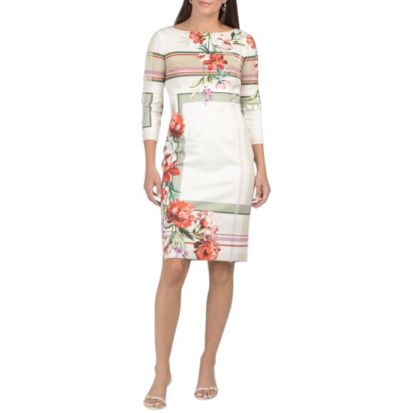 TERI JON Scuba Knit Floral Placement Print Three-quarter Sleeve Mini Dress